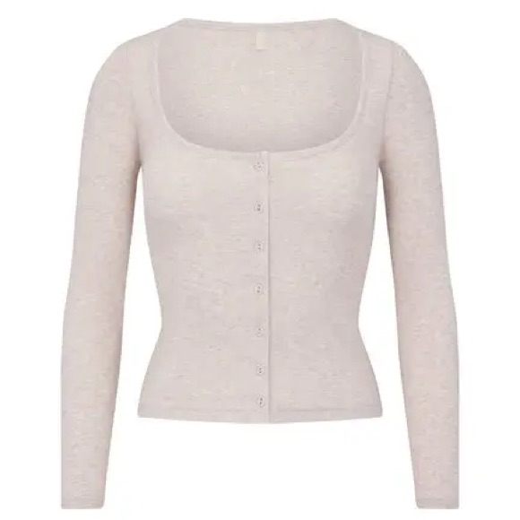 Nwt Skims Cotton Rib Long Sleeve Button Up - Heather Oatmeal Size 3x